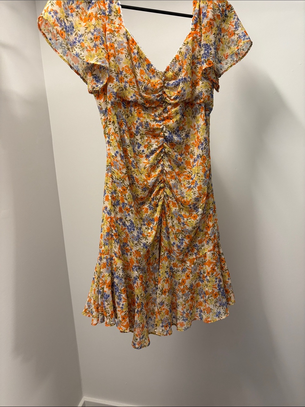 Astr Yellow Floral Ruched Midi Dress with Flutter Sleeves